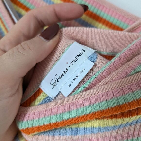 Lovers + Friends pink yellow red retro stripe crossover wrap rib Gina bodysuit - Picture 4 of 7